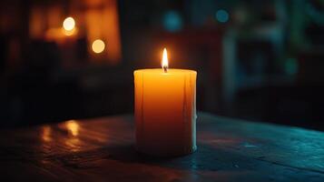Soft warm tones of candlelight illuminating a dark, cozy room photo