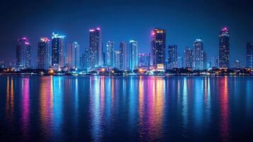 Vibrant city skyline illuminated at night, reflections shimmering on calm river photo