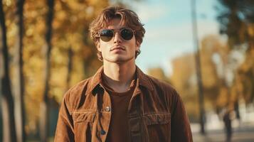 Cool young man in sunglasses enjoying a walk in the city park photo