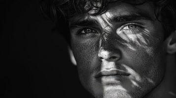 Striking black and white portrait of a young man with contrast photo