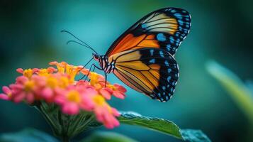 A vibrant butterfly on a flower, captured in soft natural light photo