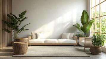 Modern interior with clean lines, plants, and soft natural light photo