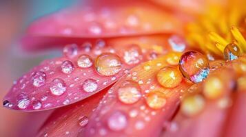 Macro shot of vibrant water droplets reflecting light on flower petal photo