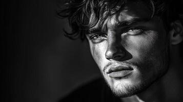 Monochrome portrait of young man with deep shadows and striking contrast photo