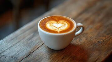 Close-up of heart-shaped latte art on wood, minimalistic coffee moment photo