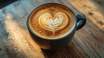 Elegant latte art with heart shape on wooden table, simple beauty photo