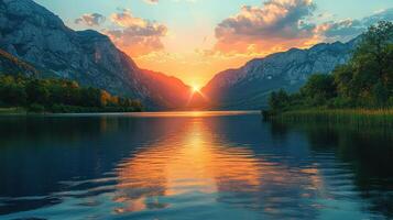 Sunset-lit mountains and river, golden hour creating beautiful reflections. photo