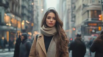 Fashionable woman with sharp focus walking in dynamic city surroundings. photo
