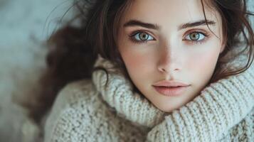 Warm close-up of a woman in a sweater, soft lighting. photo