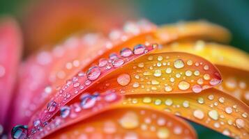 Colorful reflections on water droplets resting on a flower petal photo