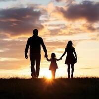 Father and kids silhouetted against the sunset, walking in harmony. photo