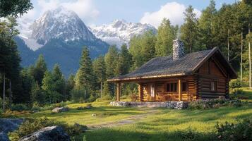 Log cabin nestled in the wilderness, realistic photo of natural beauty.