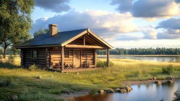 Charming log cabin nestled in nature, realistic photography of countryside. photo