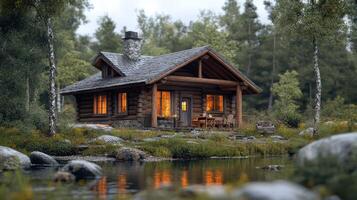 Stunning log cabin in forest, peaceful natural setting, realistic photography. photo