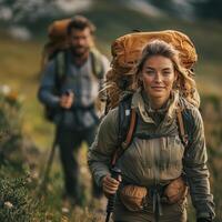 Adventurous Couple Trekking Through Mountains, Realistic Nature Photography photo