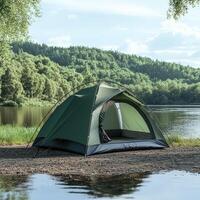 Wilderness Camping by a Calm River, Realistic Tent Illustration photo