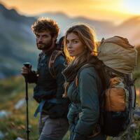 Couple Exploring Mountain Trails on a Hike, Realistic Travel Photography photo