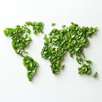 Eco-Friendly World Map Made of Small Green Leaves on White photo