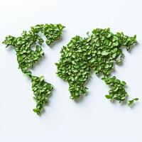 Creative World Map Using Green Leaves, Set on White Background photo