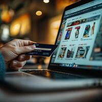 E-commerce browsing, credit card in hand, shopping cart visible on laptop photo