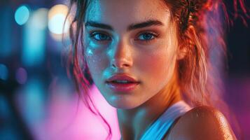 Close-up of Woman Exercising on Treadmill, Neon Gym Lighting photo