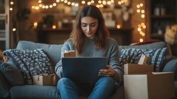 Woman Shopping Online on Laptop, Adding Items to Cart, Cozy photo