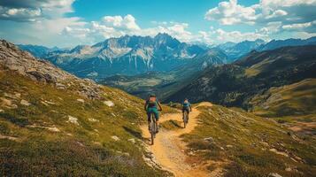 Cyclists navigating mountain trail, fast-paced action, stunning natural landscape. photo