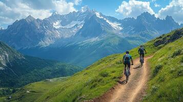 Cyclists riding mountain trail, fast motion, stunning views and obstacles. photo