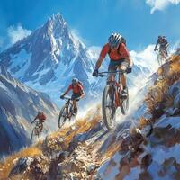 Cyclists on rocky trails, fast-paced action in high-altitude adventure. photo