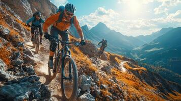 Intense Mountain Biking on Rocky Path, Stunning Landscape and Sunlight photo