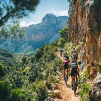 Challenging Mountain Climb Cyclists Pushing Through Rocky Terrain and Lush Landscape photo