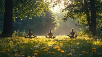 Yoga in Nature Sun Salutations in Calm Forest Clearing at Sunrise photo