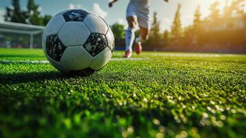 Action Shot of Player Dribbling Soccer Ball, Grass and Lighting photo
