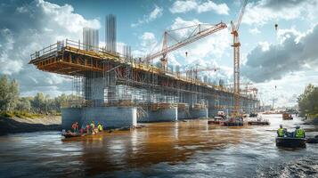 Bridge Construction Over River, Cranes and Scaffolding in Daylight photo