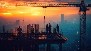 Team of Workers Constructing Skyscraper, City Skyline and Cranes photo