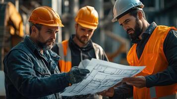 Professional Architect and Engineer Analyzing Blueprints at Construction Site, Workers photo