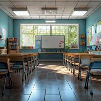 Back-to-school classroom fully prepared with books and new materials. photo