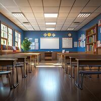 Bright empty classroom ready for a new school year ahead. photo