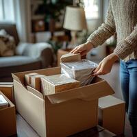 Homeowner Preparing For Relocation By Packing Essentials Into Cardboard Boxes photo