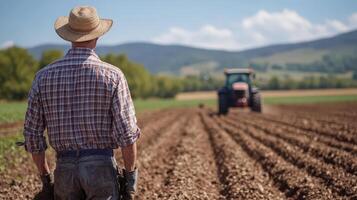 Farming Professional Enhancing Soil Quality Amid Endless Rows And Hills photo