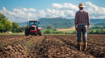 Modern Farmer Tending Fertile Land With Precision And Determination photo