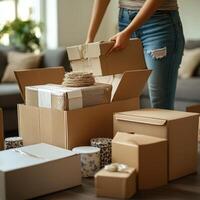 Efficient Home Packing Process With Organized Boxes And Sunlit Space photo
