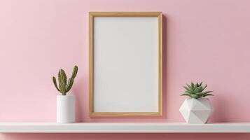 Photorealistic Close-Up of Wooden Frames and Succulent on Shelf photo