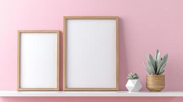 Minimalist Interior with Wooden Frames, Shelf, and Succulent Plant photo