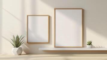 Minimalist Beige Wall with Wooden Frames and White Shelf Display photo