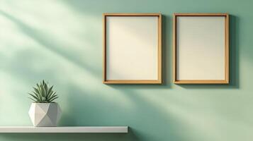 Wooden Frames and Succulent on White Shelf Against Beige Wall photo