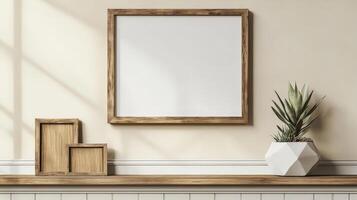 Photorealistic Image of Wooden Frames and Succulent on Shelf photo