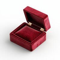Empty Velvet Red Ring Box with Lid Open on White photo