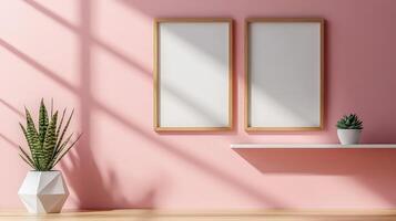 Wooden Picture Frame and Geometric Pot on Light Pink Wall photo