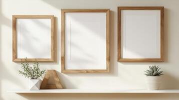 Close-Up of Wooden Picture Frames and Succulent on Beige Wall photo
